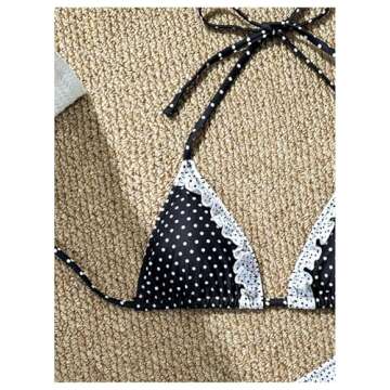SHENHE Women's Triangle Ruffle Bikini Polka Dots Halter 2 Piece Swimsuit String Bikini Set Black and White Medium