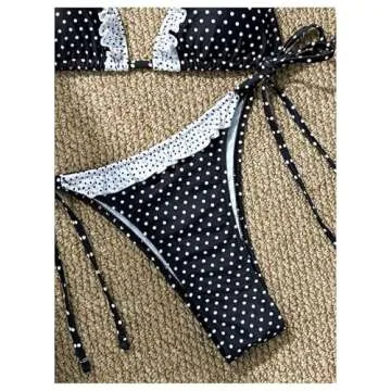 SHENHE Women's Triangle Ruffle Bikini Polka Dots Halter 2 Piece Swimsuit String Bikini Set Black and White Medium