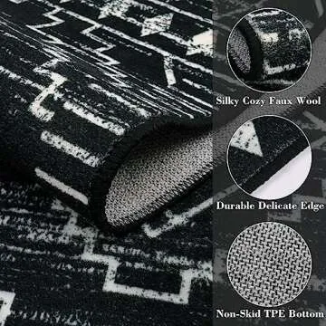 Wonnitar Moroccan 3x5 Rug, Black Washable Small Rug for Bedroom, Non-Slip Geometric Tribal Entry Throw Mat, Boho Farmhouse Rustic Soft Low Pile Area Rug for Bathroom Dining Guest Room (Black,3'x5')