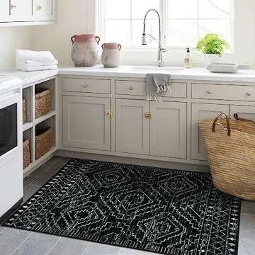 Wonnitar Moroccan 3x5 Rug, Black Washable Small Rug for Bedroom, Non-Slip Geometric Tribal Entry Throw Mat, Boho Farmhouse Rustic Soft Low Pile Area Rug for Bathroom Dining Guest Room (Black,3'x5')