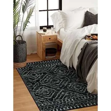 Wonnitar Moroccan 3x5 Rug, Black Washable Small Rug for Bedroom, Non-Slip Geometric Tribal Entry Throw Mat, Boho Farmhouse Rustic Soft Low Pile Area Rug for Bathroom Dining Guest Room (Black,3'x5')