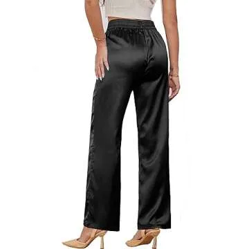 Women's Wide Leg Satin Silky Casual Dress Cocktail Party High Waist Pants