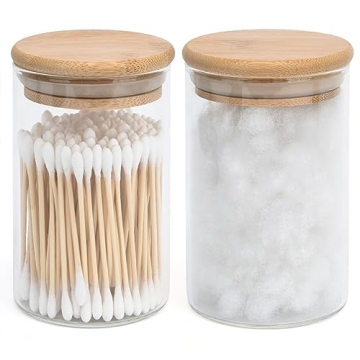 Elegant 2 Pack Glass Qtip Holders with Bamboo Lids