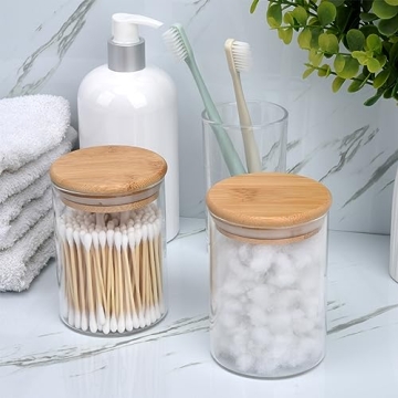 Elegant 2 Pack Glass Qtip Holders with Bamboo Lids