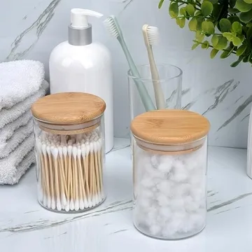 Elegant 2 Pack Glass Qtip Holders with Bamboo Lids