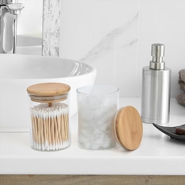 Elegant 2 Pack Glass Qtip Holders with Bamboo Lids