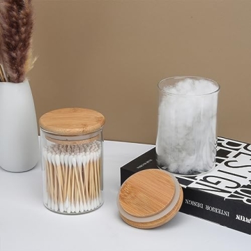 Elegant 2 Pack Glass Qtip Holders with Bamboo Lids