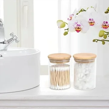 Elegant 2 Pack Glass Qtip Holders with Bamboo Lids