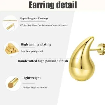 Gold Bottega Earring Dupes,TearDrop Earrings Jewelry for Women Trendy,Chunky Gold Hoop Earrings Set,Hypoallergenic Sterling Silver Post Lightweight Designer Earrings(Small Medium Large)
