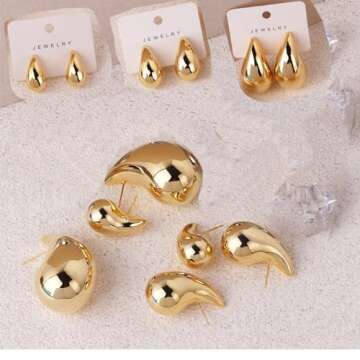 Gold Bottega Earring Dupes,TearDrop Earrings Jewelry for Women Trendy,Chunky Gold Hoop Earrings Set,Hypoallergenic Sterling Silver Post Lightweight Designer Earrings(Small Medium Large)