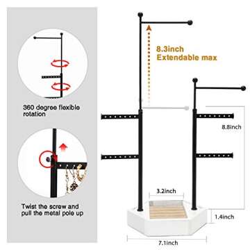 Emfogo Jewelry Organizer Stand - 6 Tier Jewelry Holder with Adjustable Height Necklace Holder Organizer Display & Storage for Earrings Ring Bracelet (White)