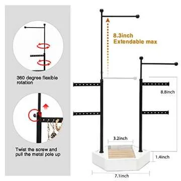 Emfogo Jewelry Organizer Stand - 6 Tier Jewelry Holder with Adjustable Height Necklace Holder Organizer Display & Storage for Earrings Ring Bracelet (White)
