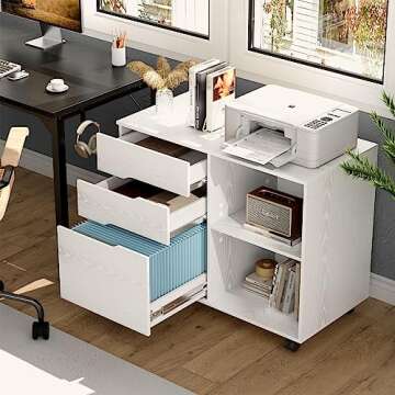 OLIXIS 3 Drawer Wood File Cabinet Small Mobile Lateral Filing Printer Stand Storage with Open Shelf Shelves for Home Office