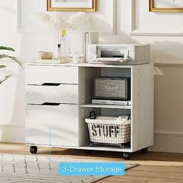 OLIXIS 3 Drawer Wood File Cabinet Small Mobile Lateral Filing Printer Stand Storage with Open Shelf Shelves for Home Office