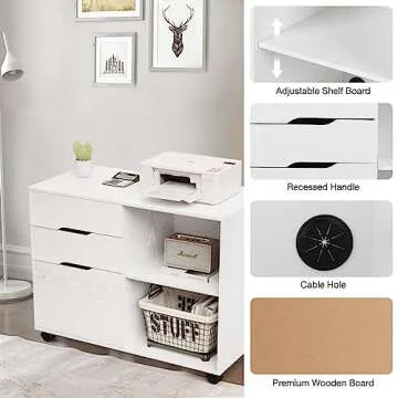 OLIXIS 3 Drawer Wood File Cabinet Small Mobile Lateral Filing Printer Stand Storage with Open Shelf Shelves for Home Office