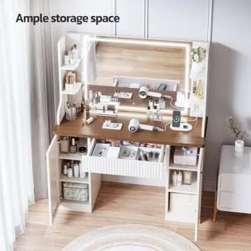 Dripex Makeup Vanity Desk with Mirror and Lights LED Makeup Table with Drawer, Cabinets, Power Strip, for Bedroom Dressing Table - Beige Brown