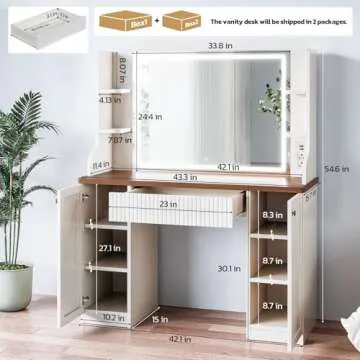 Dripex Makeup Vanity Desk with Mirror and Lights LED Makeup Table with Drawer, Cabinets, Power Strip, for Bedroom Dressing Table - Beige Brown