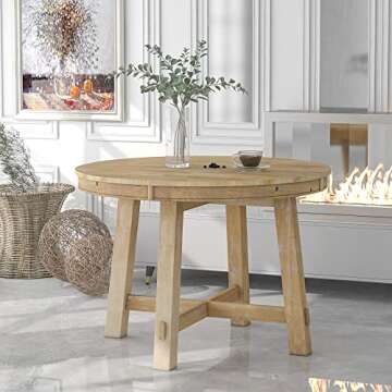 Merax Round Wood Dining Table, Farmhouse Round Extendable Dining Table with 16" Leaf For Kitchen (Natural Wood Wash)