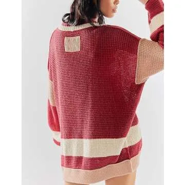 IQSQSQ Womens Button Down Cardigan Sweaters Long Sleeve V Neck Knit Tops with Pockets(Red-M)