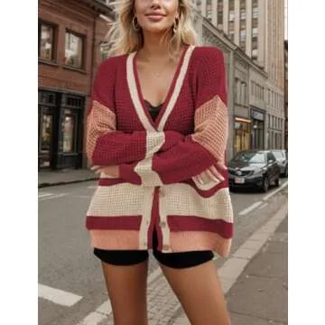 IQSQSQ Womens Button Down Cardigan Sweaters Long Sleeve V Neck Knit Tops with Pockets(Red-M)