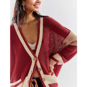 IQSQSQ Womens Button Down Cardigan Sweaters Long Sleeve V Neck Knit Tops with Pockets(Red-M)