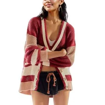 IQSQSQ Womens Button Down Cardigan Sweaters Long Sleeve V Neck Knit Tops with Pockets(Red-M)