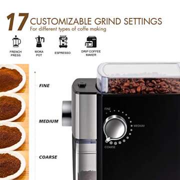CHEFFANO Burr Coffee Grinder, Electric Coffee Bean Grinder [150W Max] with 8.8oz Large Bean Hopper & 17 Grinding Settings & High Up to 12 Cups Options for Espresso, French, Black (BG701) (Black03)