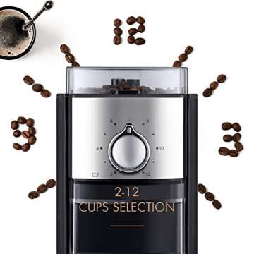 CHEFFANO Burr Coffee Grinder, Electric Coffee Bean Grinder [150W Max] with 8.8oz Large Bean Hopper & 17 Grinding Settings & High Up to 12 Cups Options for Espresso, French, Black (BG701) (Black03)