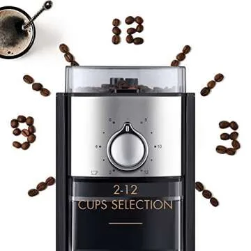 CHEFFANO Burr Coffee Grinder, Electric Coffee Bean Grinder [150W Max] with 8.8oz Large Bean Hopper & 17 Grinding Settings & High Up to 12 Cups Options for Espresso, French, Black (BG701) (Black03)