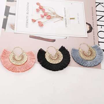 6 Pairs White Black Tassel Earrings Set for Women Fashion- Fan Tassel Earrings Whtie Boho Earrings Dangling Earrings for Women- Red Fringe Hoops Tassel Hoop Earrings