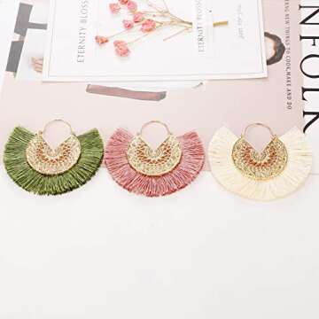 6 Pairs White Black Tassel Earrings Set for Women Fashion- Fan Tassel Earrings Whtie Boho Earrings Dangling Earrings for Women- Red Fringe Hoops Tassel Hoop Earrings