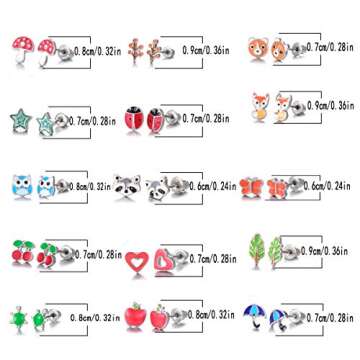 30 Pairs Stainless Steel Mixed Color Cute Animals Fox Heart Star Ladybug Bee Frog Mushroom Tree Dais...