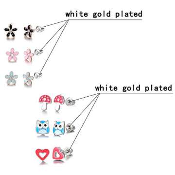 30 Pairs Stainless Steel Mixed Color Cute Animals Fox Heart Star Ladybug Bee Frog Mushroom Tree Daisy Umbrella Rose Gold White Pearl CZ Jewelry Stud Earrings Set (animal tree pearl)