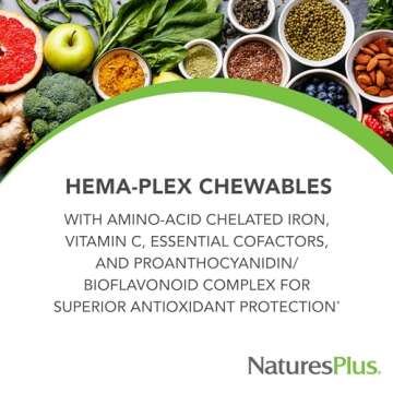 Natures Plus Hema-Plex Iron - 60 Mixed Berry Chewables - 85 mg Elemental Iron - Total Blood Health - with Vitamin C & Bioflavonoids - Vegan, Gluten Free - 20 Servings