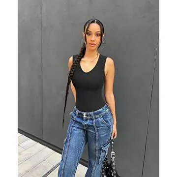 OQQ Women's 3 Piece Bodysuits Sexy Ribbed V Neck Sleeveless Tank Tops Bodysuits Black Tea leaf White