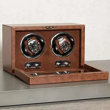 ROTHWELL Double Watch Winder for Automatic Watches with Quiet Motor with Multiple Speeds and Rotation Settings (Tan/Brown)