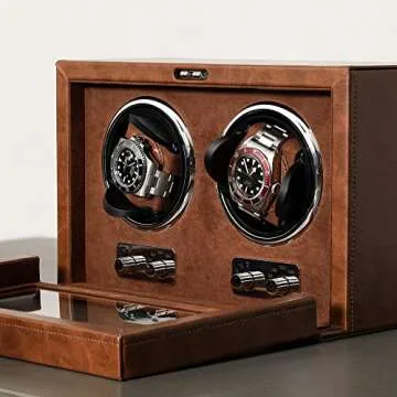 ROTHWELL Double Watch Winder for Automatic Watches with Quiet Motor with Multiple Speeds and Rotation Settings (Tan/Brown)