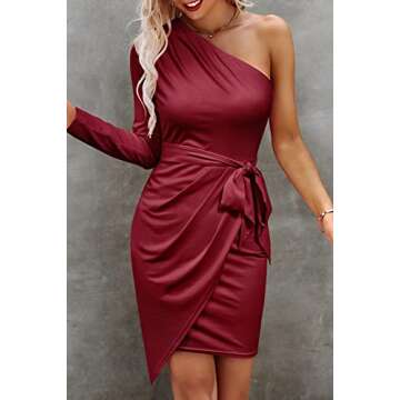 PRETTYGARDEN Women's Fall Fashion One Shoulder Long Sleeve Bodycon Dresses Ruched Irregular Hem Mini Dress (Long Sleeve Wine Red,X-Large)