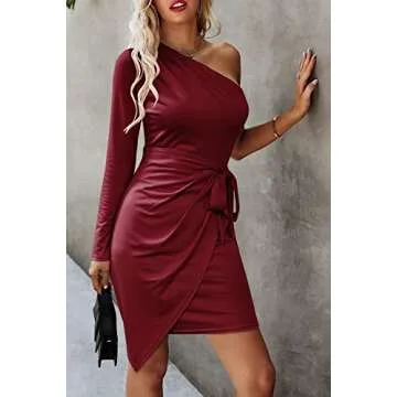 PRETTYGARDEN Women's Fall Fashion One Shoulder Long Sleeve Bodycon Dresses Ruched Irregular Hem Mini Dress (Long Sleeve Wine Red,X-Large)