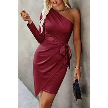 PRETTYGARDEN Women's Fall Fashion One Shoulder Long Sleeve Bodycon Dresses Ruched Irregular Hem Mini Dress (Long Sleeve Wine Red,X-Large)