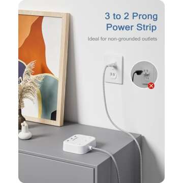 LENCENT 2 Prong Power Strip, 6.6ft Braided Cord, 3AC & 3USB Ports, Ideal for Non-Grounded Homes