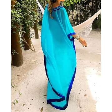 Bsubseach Women Chiffon Swimwear Turkish Kaftans Swimsuit Cover up Caftan Beach Long Dress Blue