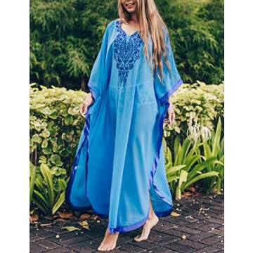Bsubseach Women Chiffon Swimwear Turkish Kaftans Swimsuit Cover up Caftan Beach Long Dress Blue