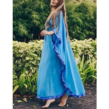 Bsubseach Women Chiffon Swimwear Turkish Kaftans Swimsuit Cover up Caftan Beach Long Dress Blue