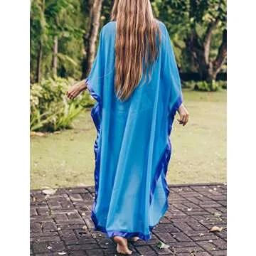Bsubseach Women Chiffon Swimwear Turkish Kaftans Swimsuit Cover up Caftan Beach Long Dress Blue