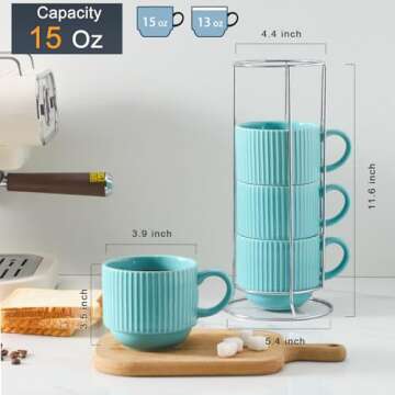 Hasense 15 oz Coffee Mug Set of 4 with Stand - Stackable Large Ceramic Ribbed Latte Cup Set for Cappuccino, Tea, Hot Cocoa, Drinks - Dishwasher & Microwave Safe, Turquoise