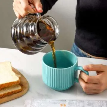 Hasense 15 oz Coffee Mug Set of 4 with Stand - Stackable Large Ceramic Ribbed Latte Cup Set for Cappuccino, Tea, Hot Cocoa, Drinks - Dishwasher & Microwave Safe, Turquoise