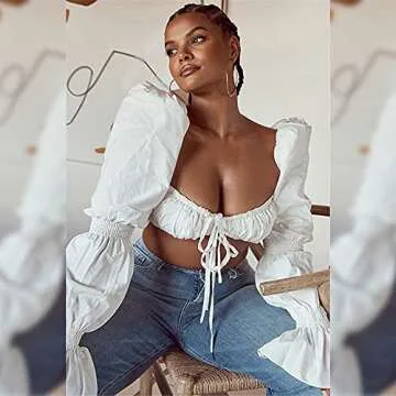 Women Y2K Indie Aesthetic Crop Cami Tank Top 90S E-Girl Long Sleeves Tee Shirts Streetwear (White,Me...