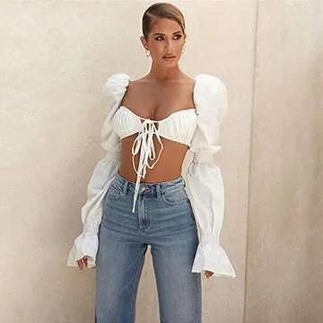 Women Y2K Indie Aesthetic Crop Cami Tank Top 90S E-Girl Long Sleeves Tee Shirts Streetwear (White,Medium)