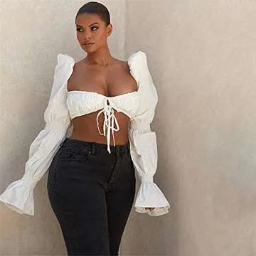 Women Y2K Indie Aesthetic Crop Cami Tank Top 90S E-Girl Long Sleeves Tee Shirts Streetwear (White,Medium)